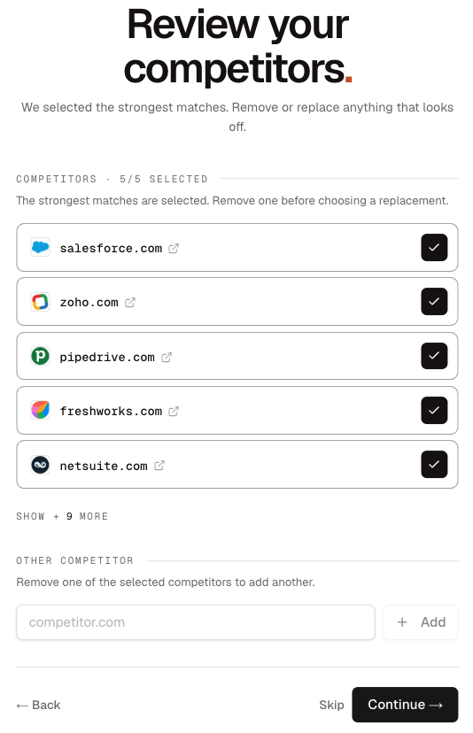 Review competitors step with five selected competitors and a field for adding another domain
