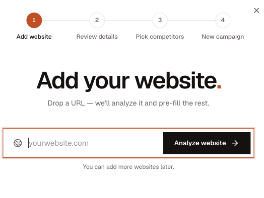 Add your website dialog with a field for entering a domain and an Analyze website button