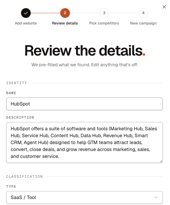 Review details step showing the website name, description, and classification fields