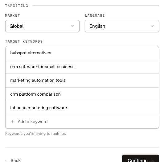 Website targeting fields showing market, language, and target keywords