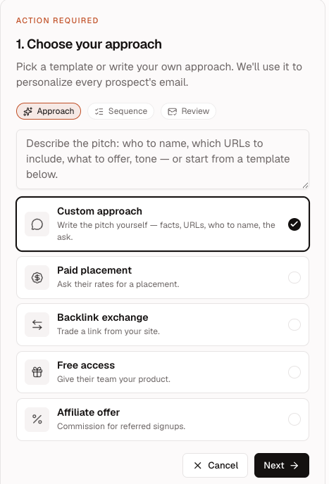 AI Agent outreach setup showing editable instructions and approach templates