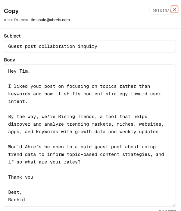 Generated outreach draft showing the recipient, subject, and personalized message