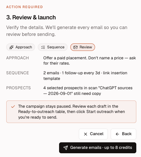 AI Agent review and launch step summarizing the outreach approach, sequence, prospects, and generation cost