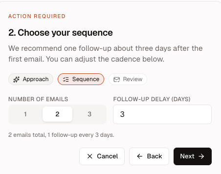 AI Agent outreach setup with email count and follow-up delay controls