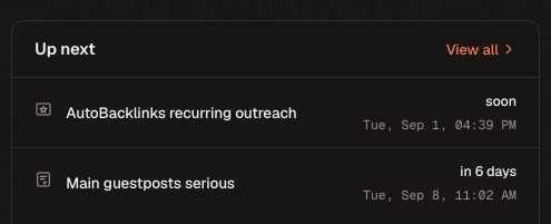 Up next panel showing upcoming automated campaign runs and scheduled dates