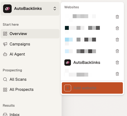 Website switcher open in the sidebar with the website list and Add website action
